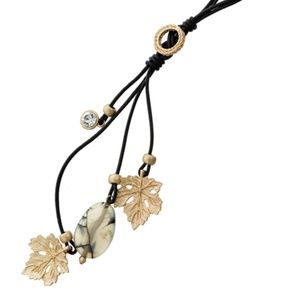 black cord with gold tone leaf and stone necklace